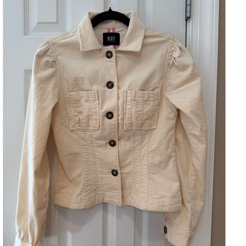 KUT from the Kloth Cream Corduroy Cropped Jacket XS Y2K Puff Sleeve button front